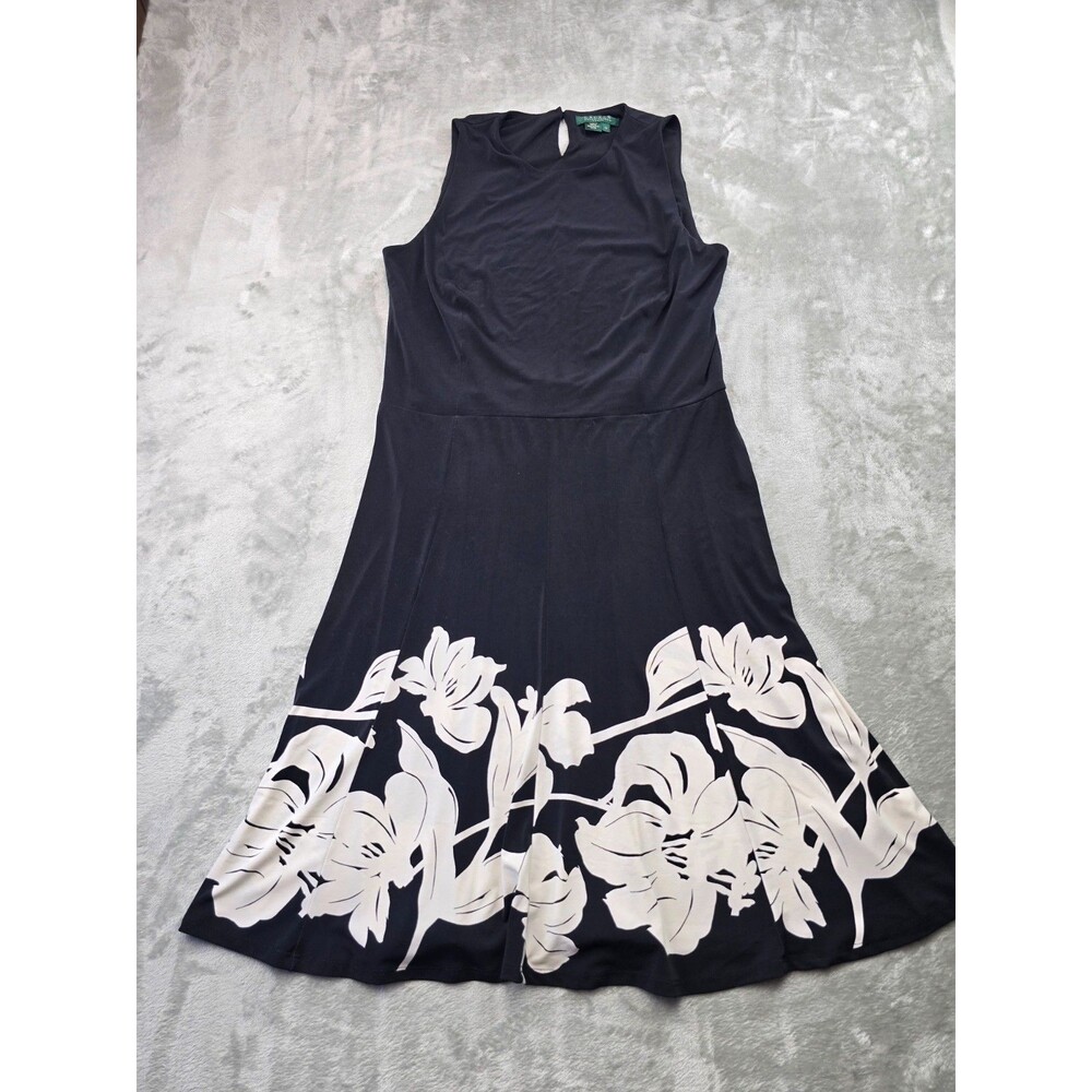 Y2K Ralph Lauren Black White Floral Border Fit Flare Dress Womens Size 14